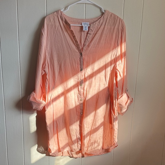 Sigrid Olsen Tops - Sigrid Olsen Peach V-Neck Button Down Linen Tunic/Cover Up Sz L